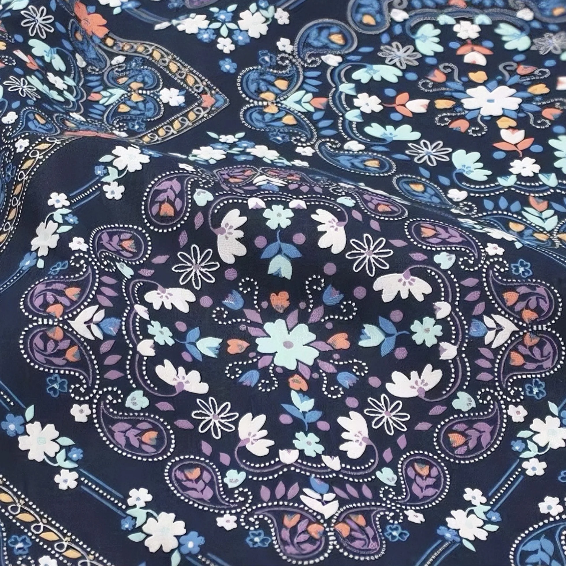 Dark Blue Paisley Patterned 100% Cotton Fabric Colorful Floral Print Bohemian Design for Fashion Sewing Quilting Craft Projects