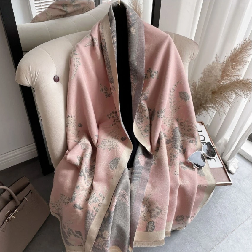 2024 Elegant Floral Painting Cashmere Scarf for Women Warm Winter Pashmina Shawl Foulard Femme Blanket Scarves Wraps