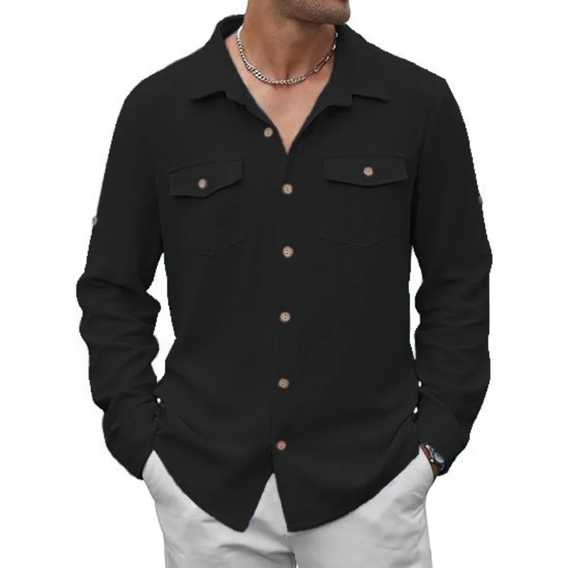

New Men's Shirt Double Pocket Cotton Linen Long Sleeve Shirt Casual Vacation Fashion Japanese Style