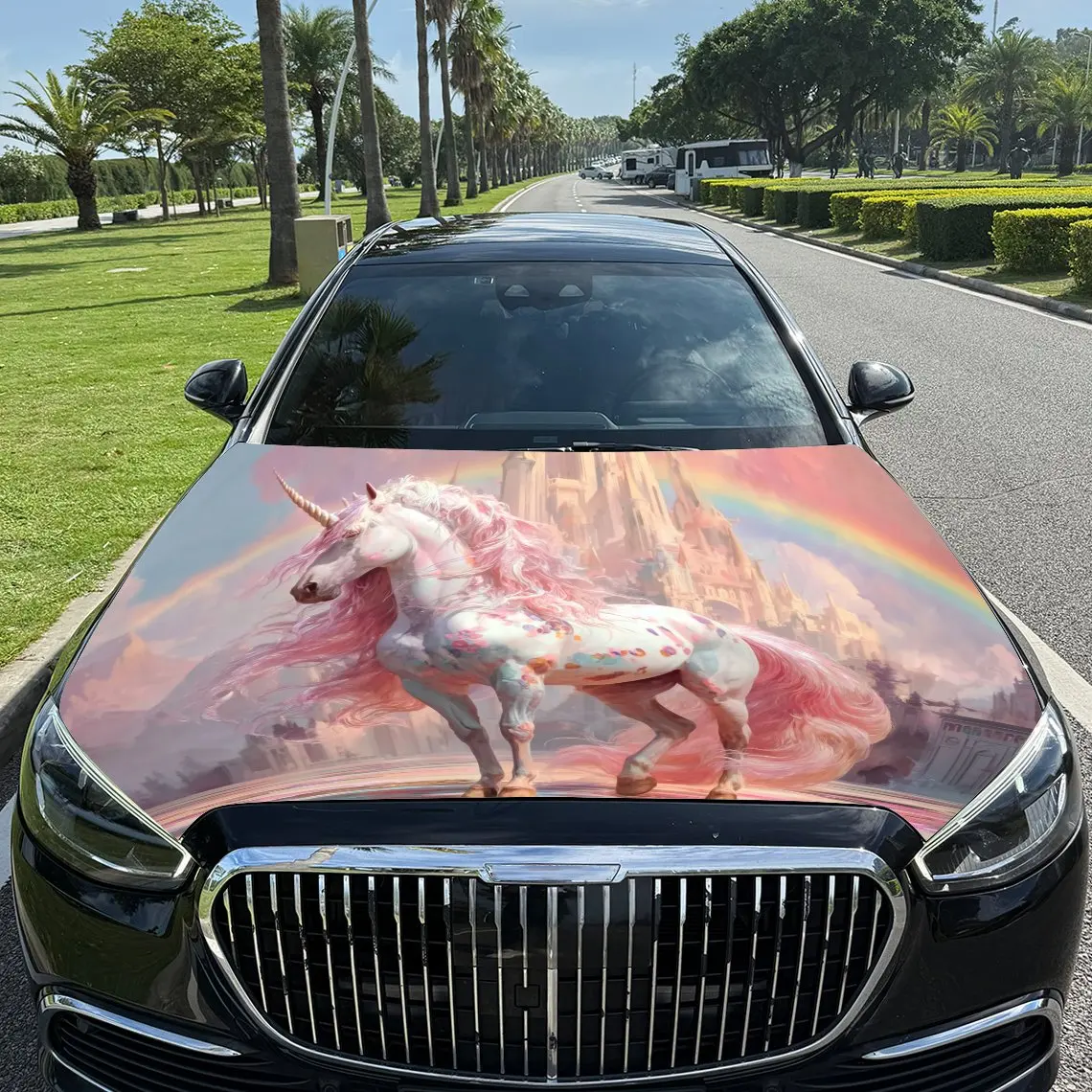 

Pink unicorn Car hood packaging sticker, PVC material, self-adhesive waterproof, anti-slip paint, car exterior decoration access