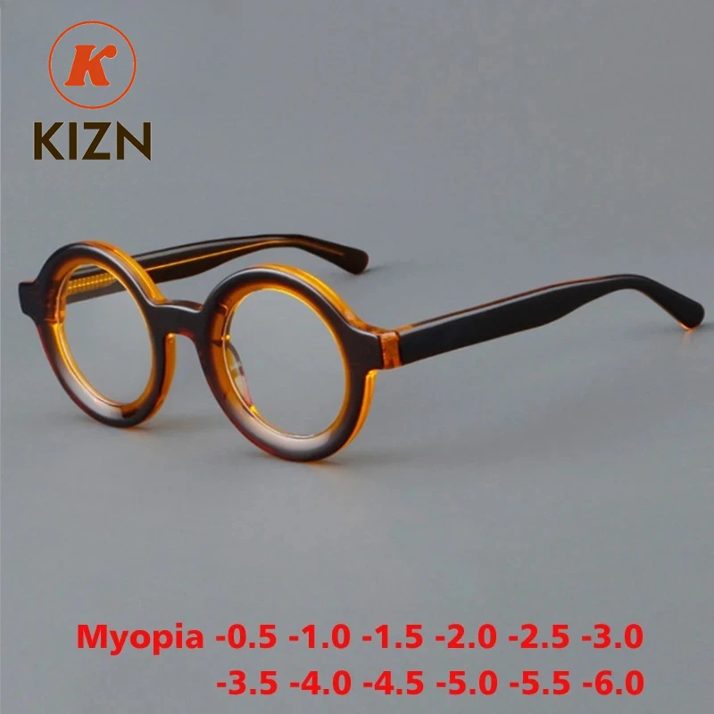 

KIZN Sports High Quality Acetate Myopia Glasses Frame Men Women Spring Hinge Optical Round Eyeglasses Custom Prescription -0.50