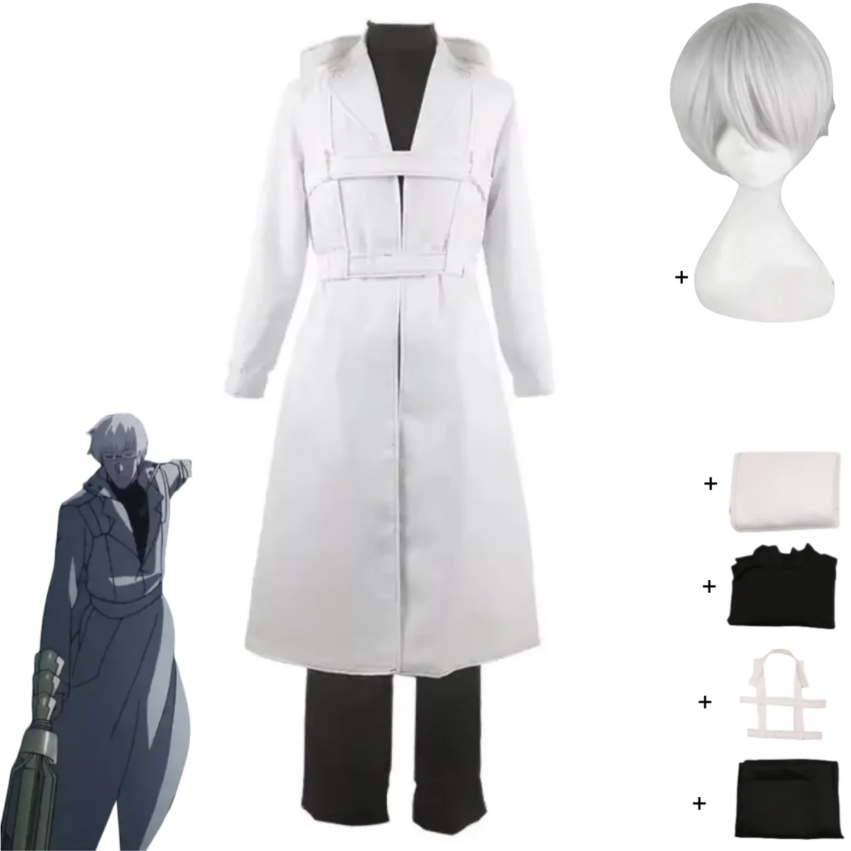 อะนิเมะTokyo Ghoul: Re Arima Kishoคอสเพลย์เครื่องแต่งกายสีขาวยาวTrench CoatนักสืบชุดวิกผมMan Carnival Partyชุด