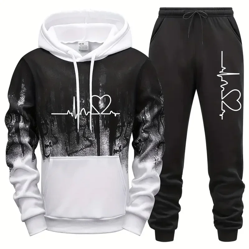 

Mens Tracksuit Print Splash-ink Hooded Sweatshirts Streetwear Daily Casual Sports Jogging Mens Clothing Single Piece Tops Pants