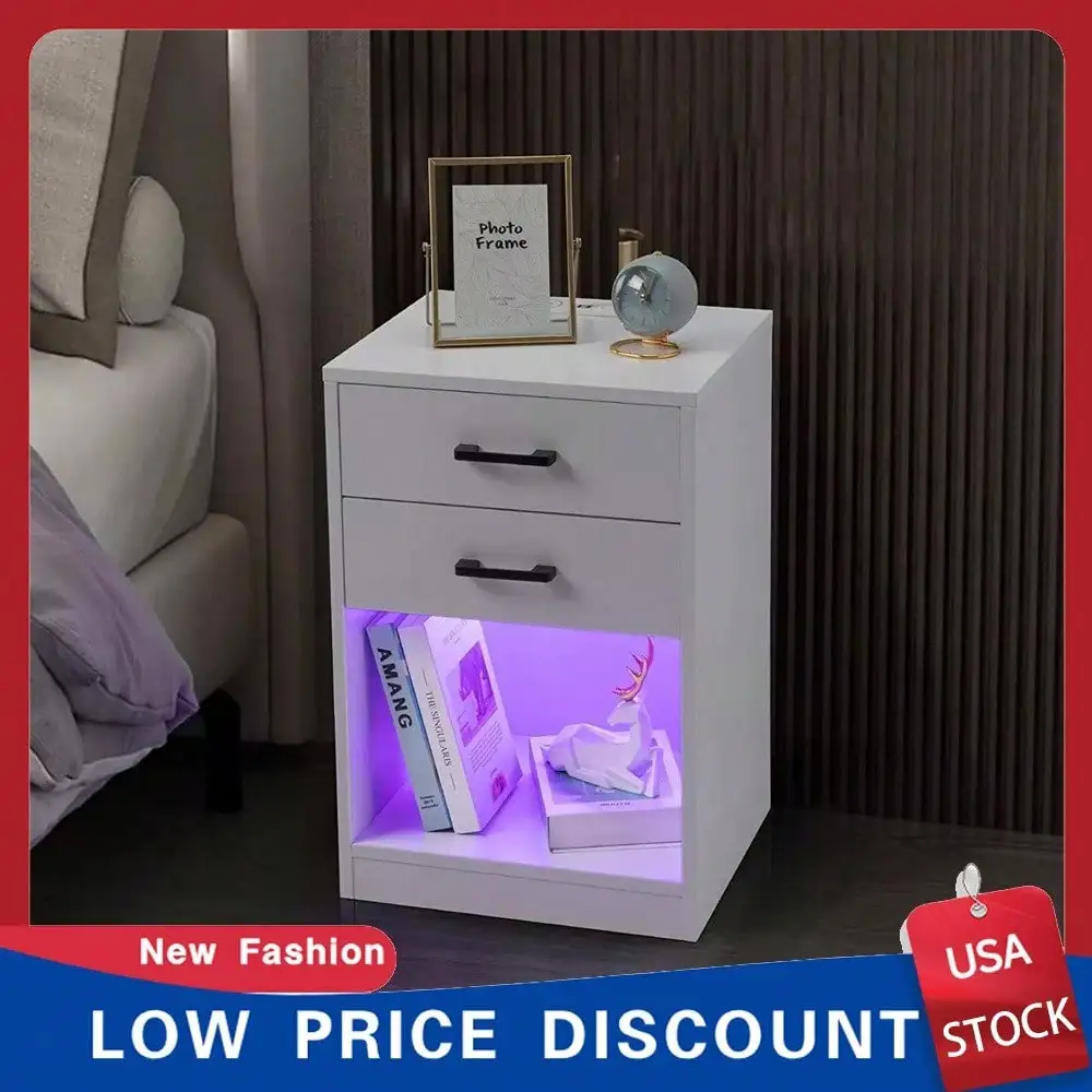 2 Drawer Nightstand with LED Light & Power Station End Side Table Bedside Table