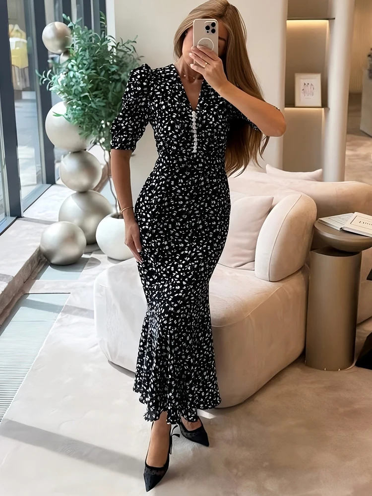 Oniflyme Sukienka maxi z nadrukiem i bufiastymi rękawami Moda damska Guziki Dekolt w szpic Krótki rękaw Bodycon Streetwear Seksowne damskie szaty imprezowe