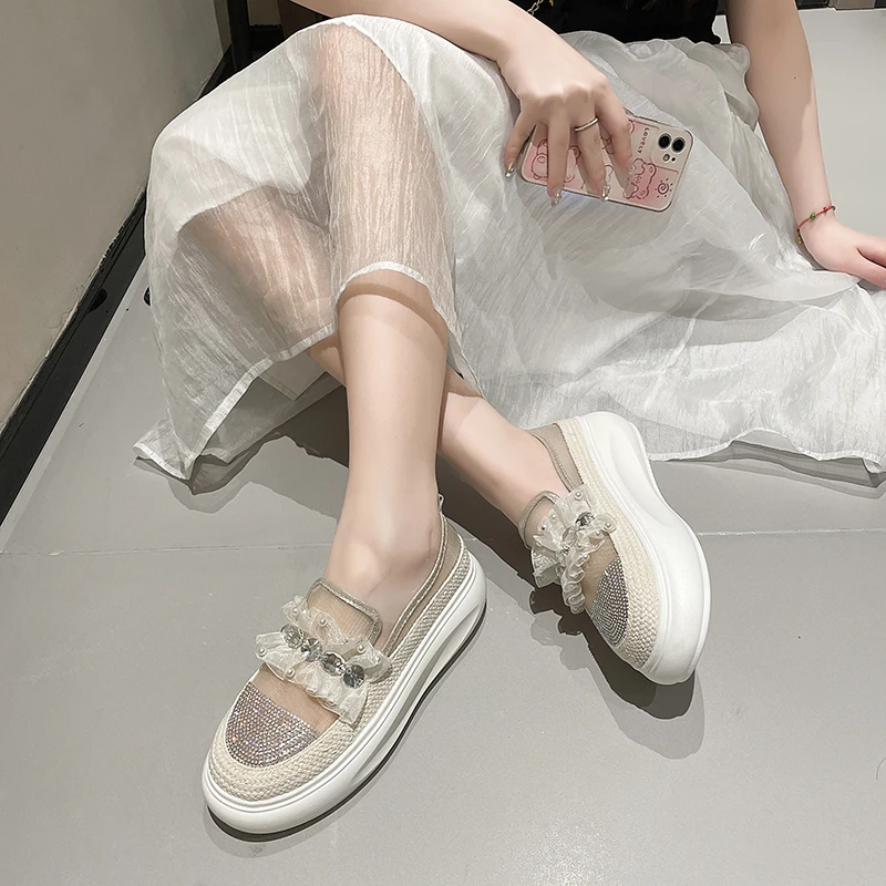 Casual Sneakers Crystal Lace Flats Platform Shoes Women Sports Walking 2024 New Summer Sandals Thick Designer Running Lady Shoes