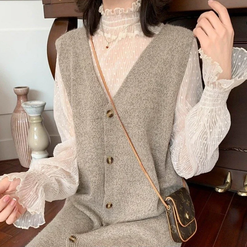 Bella Philosophy 여성 하이 칼라 메쉬 원근법 블라우스 여름 얇은 슬림 바닥 레이스를 통해 볼 긴 플레어 슬리브 탑