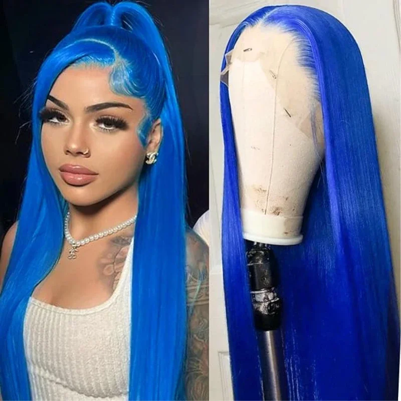 

Blue Human Hair Wigs Long Straight Lace Front Wig For Black Women Brazilian Remy Lace Hair Natural Hairline Pre Plucked Wigs