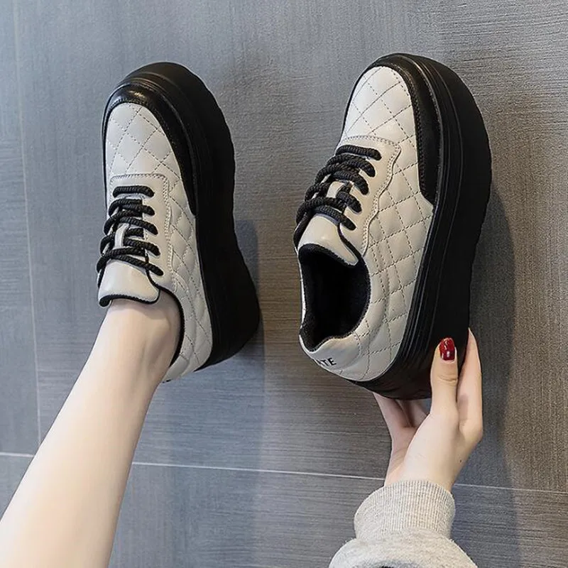 New 8cm Sewing Genuine Leather Platform Wedge Ankle Boots Chunky Sneakers Women Comfy 2026 Spring Autumn Supportive Pumps Shoes