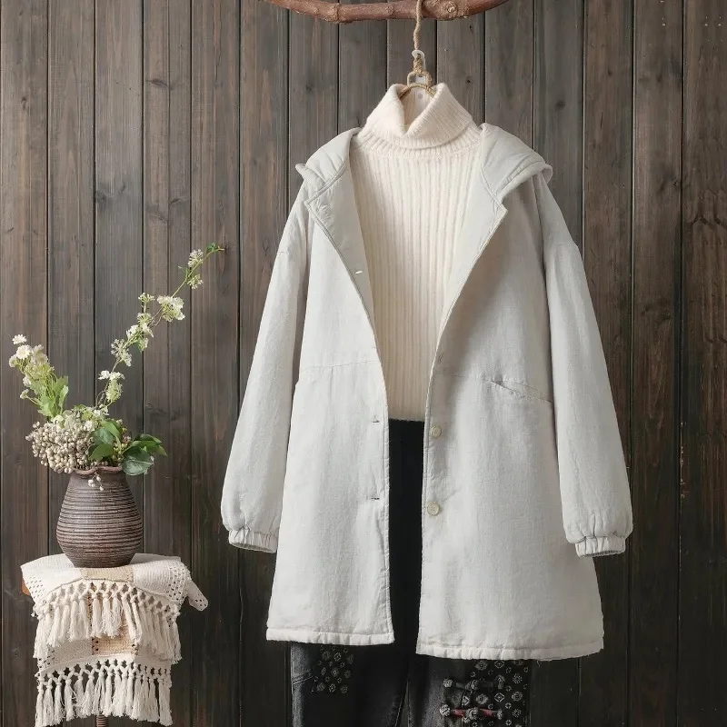 

Literary Linen Hooded Medium Long Cotton Jacket For Women Autumn Winter, Solid Color Warm Quilted Windbreaker w1610