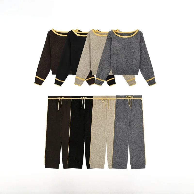 Early Autumn New Fashion Knitted Set Women's Simple Versatile One-Shoulder Color Block Top Bottom Ensemble Polyester Fiber