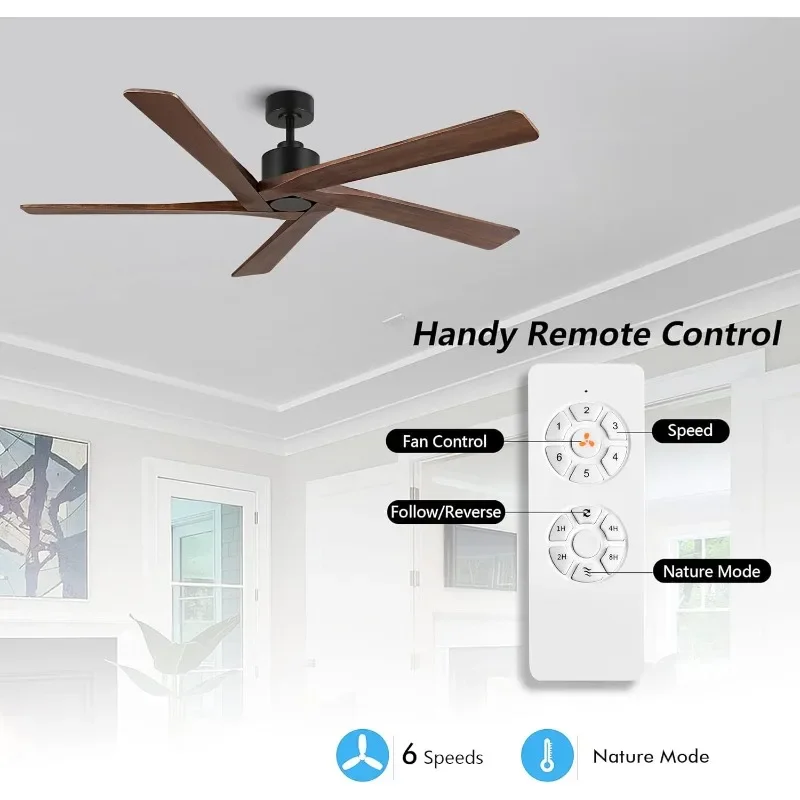 WINGBO 72" DC Ceiling Fan No Light with 3 Downrods, 5 Carved Solid Wood Blades, 6-Speed Reversible DC Motor