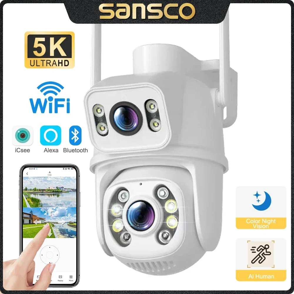 

SANSCO 5K 10MP Dual Lens PTZ WIFI Camera Dual Screen 6MP HD Wireless Outdoor IP Camera AI Human Tracking Surveillance iCsee