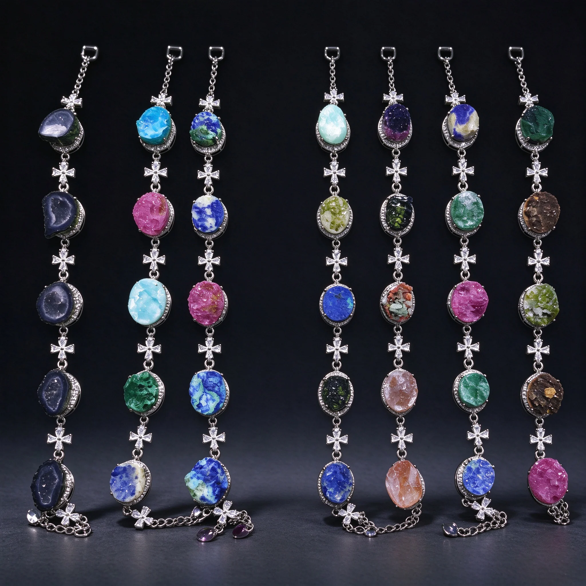 Raw Mineral Crystal Geode Slice Bracelet Adjustable Base Alloy Link Mixed Gemstone Strand Bracelet Women Jewelry