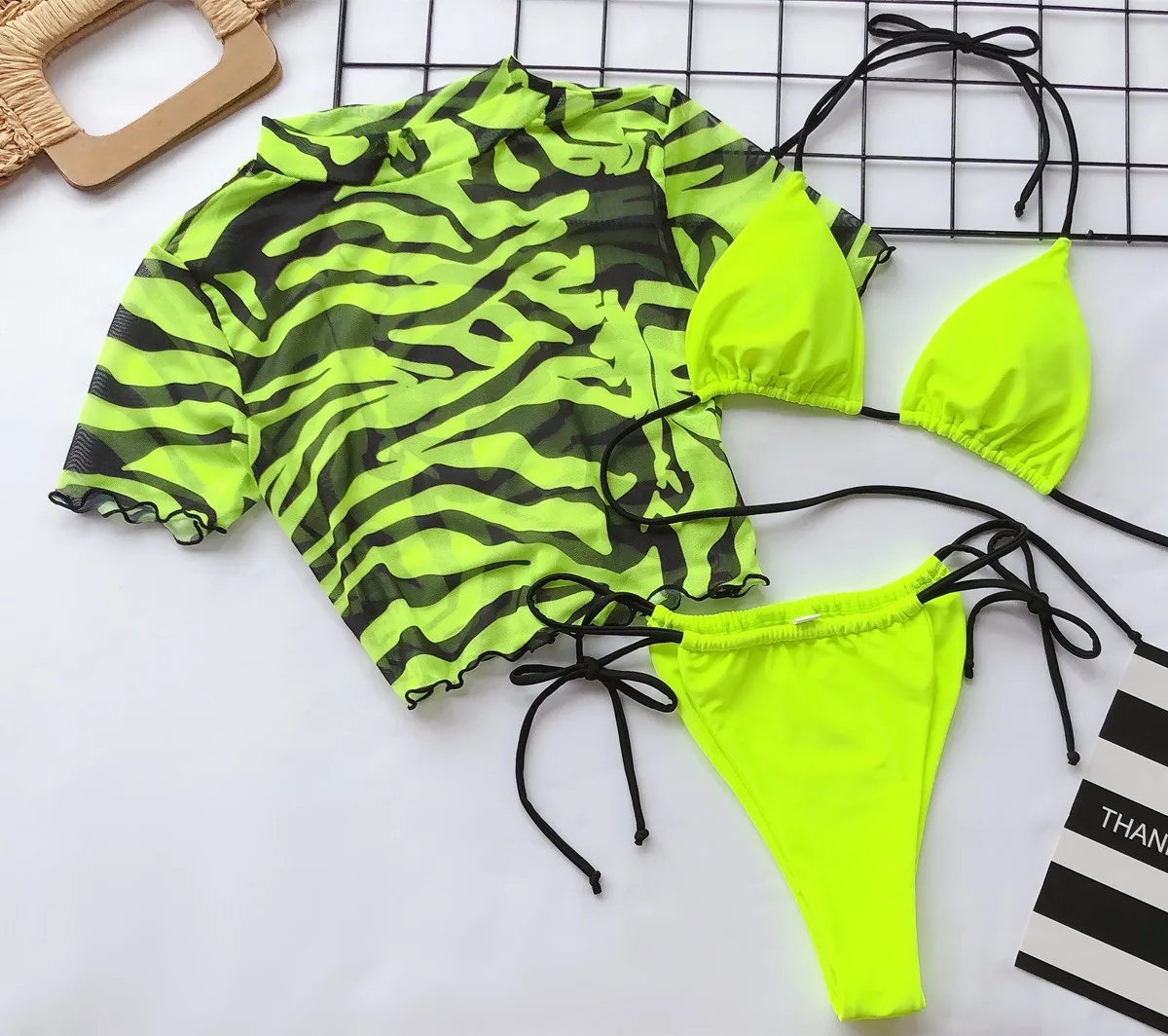 Sexy Tiger Leopard Print Three Piece Swimwear Thong Bikini Bathing Suit Push Up Bikini Set Short Sleeve Brazilian Swimsuit Women