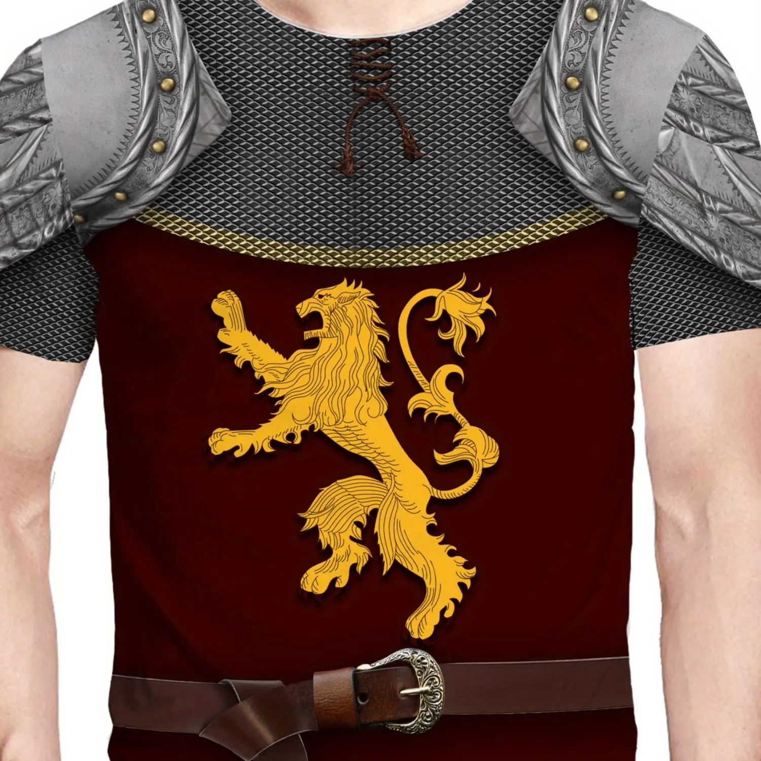 Camiseta masculina com estampa 3D de armadura de cavaleiro retrô – Design de totem de leão, cor marrom e dourada, manga curta, tecido de poliéster macio