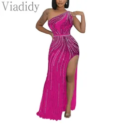 Women Sexy Solid Color One Shoulder Sleeveless Rhinestone Decor Floor-length Party Dress