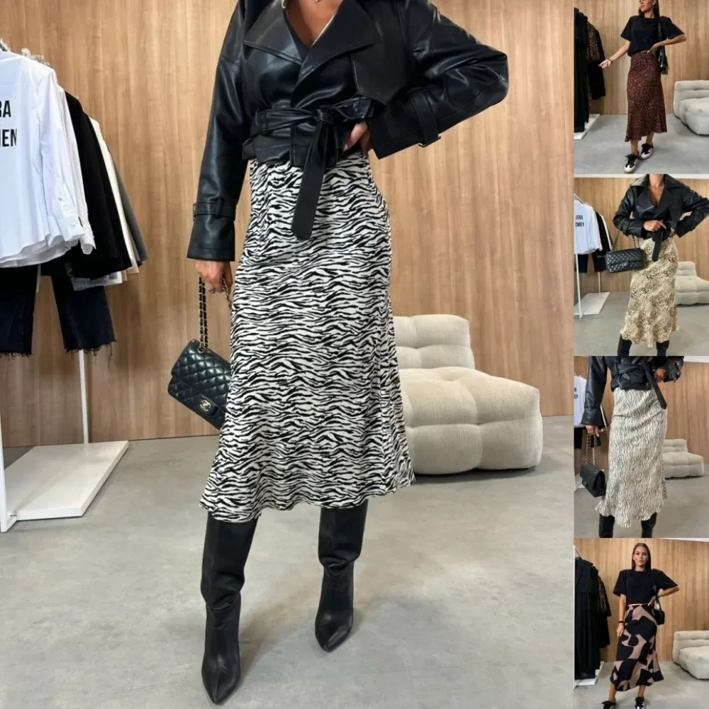 Women High Waist Leopard Print Slimming Midi Skirt New European Style Ladies Daily Streetwear Chic Versatile Fashion Sexy