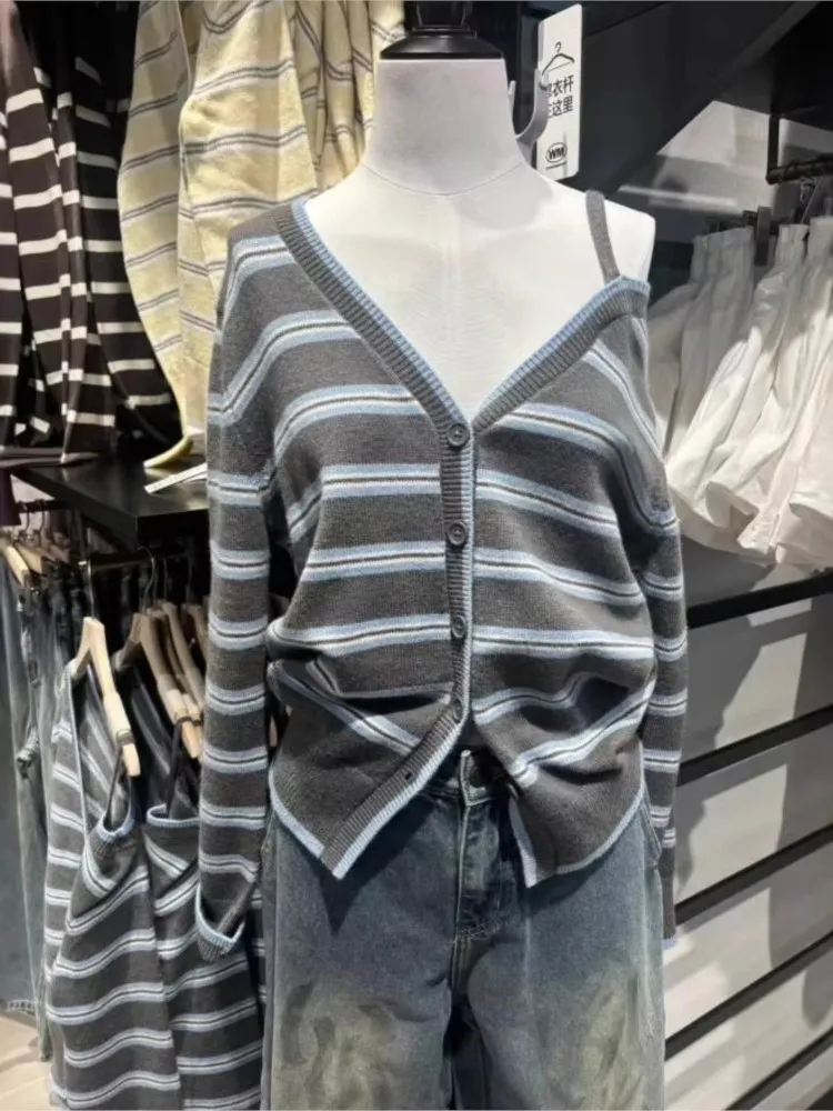 Striped Off-the-shoulder Knitted Cardigan Women Spring Streetwear Sexy Button Sweater Coat Simple Sweet Preppy Style Sweaters view 2