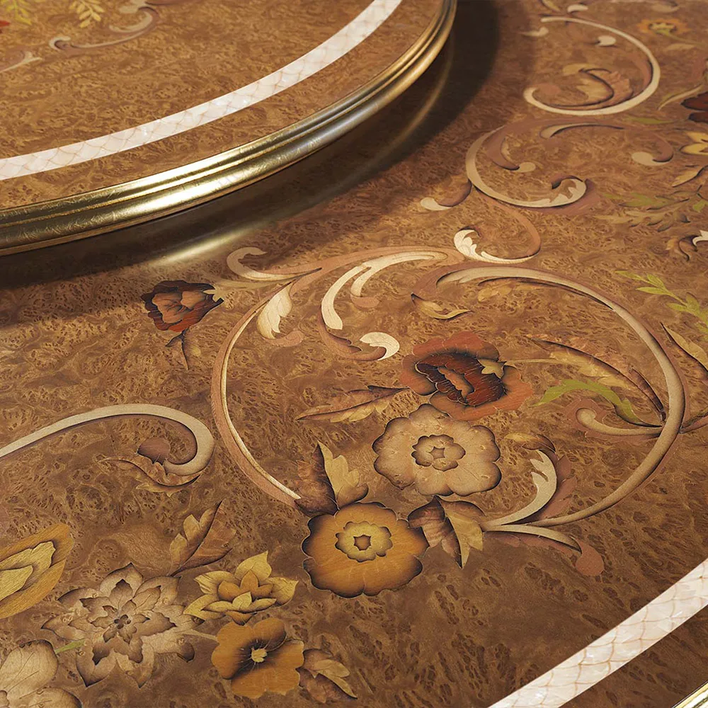 *High End European French Vintage Lacquered Dining Table Set Brown Wooden Dinning Round Tables