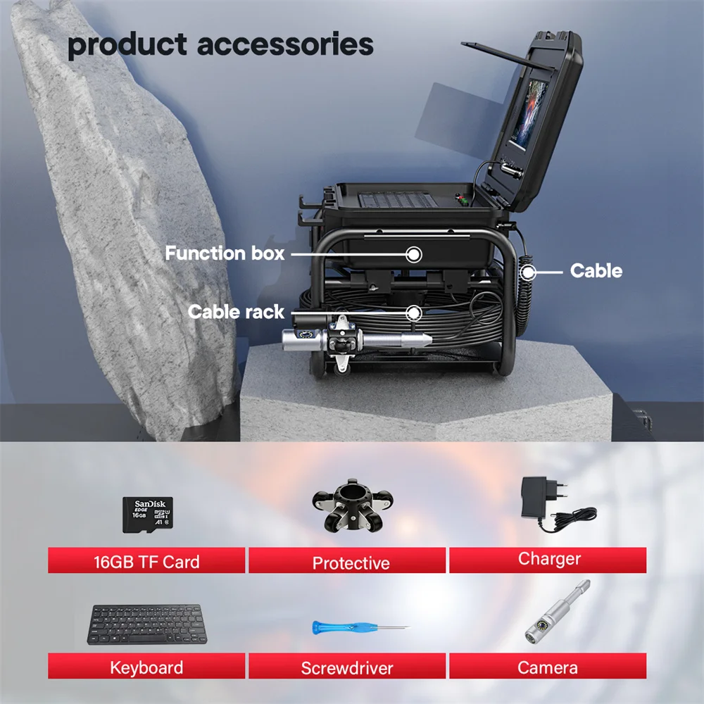 360 Rotating Sewer Pipe Inspection Camera 9โณI nch IPS 1080P Screen Meter Counter Keyboard 32MM Camera Support 512HZ Transmitter