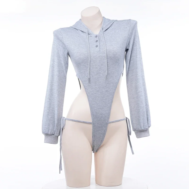 أنيمي فتاة المرأة رمادي كم طويل مقنع هوديي ارتداءها زي تأثيري ضمادة عالية الشق Playsuit هوديي الزي الملابس الداخلية فتاة