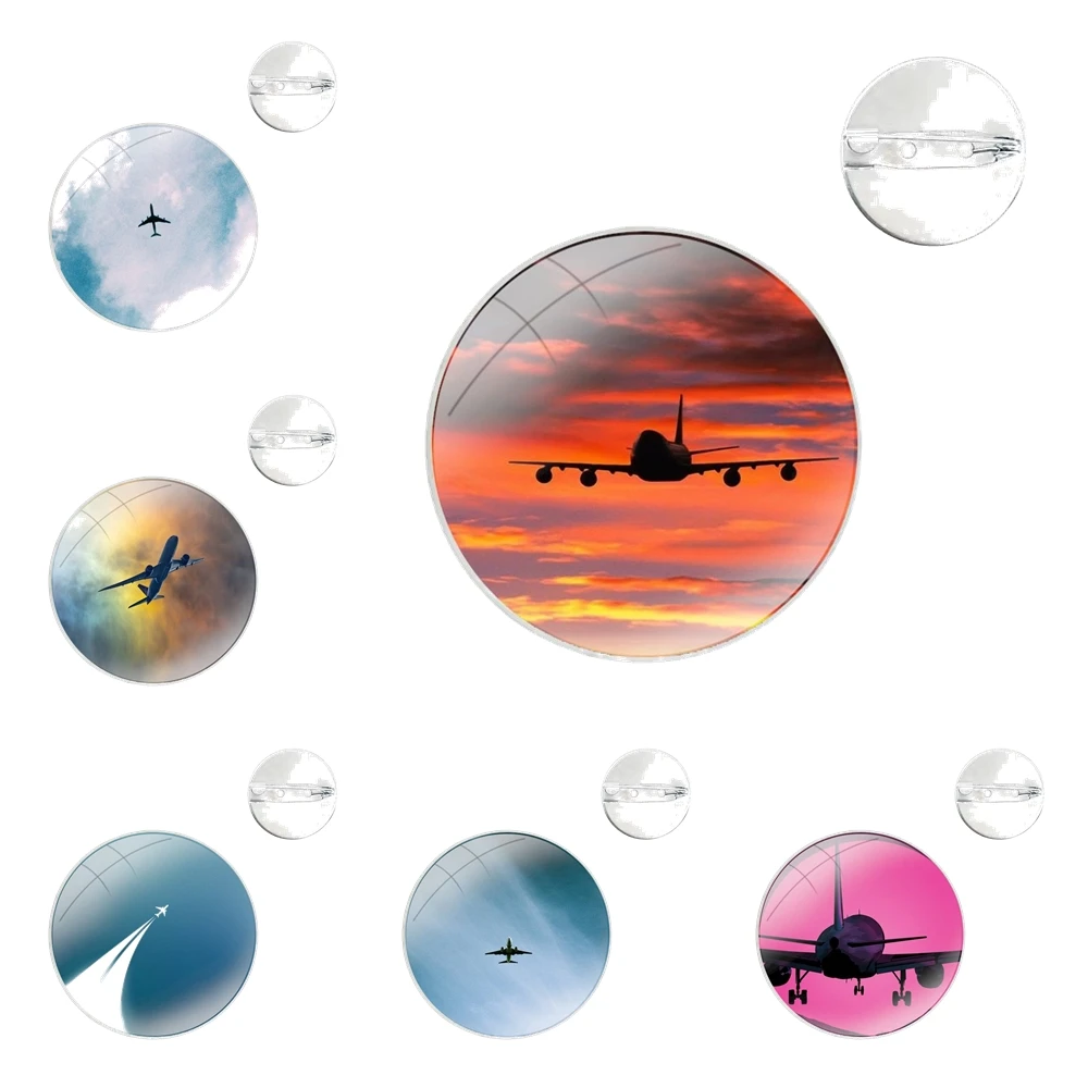 Glass Dome Brooches Badge Pins For Clothes Hat Shirt Lapel Bag Airplane fly travel cloud Sky