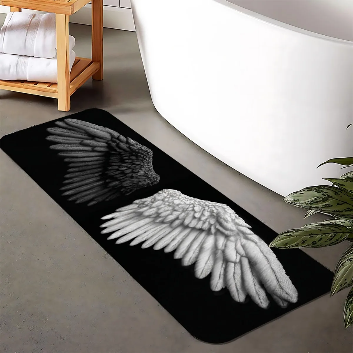 Pure Black Base Monochrome Angel Wing Feather Art Floor Runner Rug, washable mat for bedroom entry daily modern home decoration