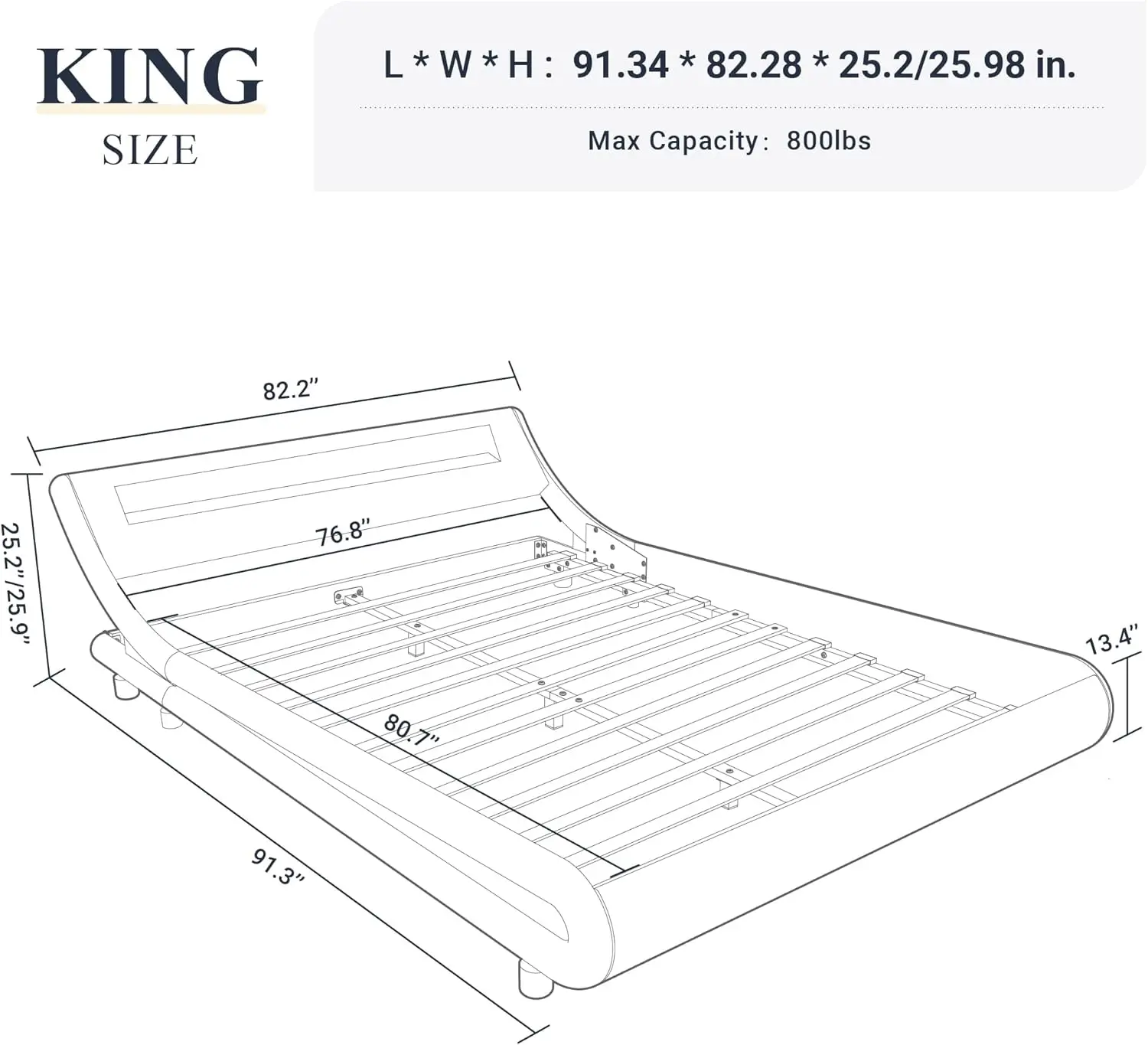 King Size LED Platform Bed Frame with Adjustable Headboard,No Box Spring Need