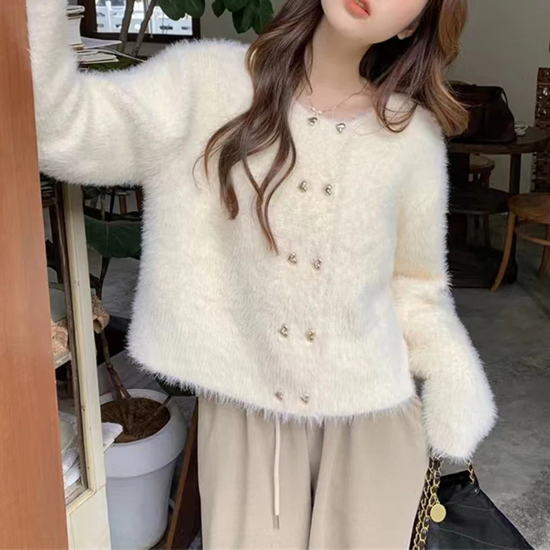 

Korean Fluffy Fur Round Neck Cardigans Women Fashion Soft Double Breasted Sweater Coats Woman Long Sleeve Crop Cardigan Female
