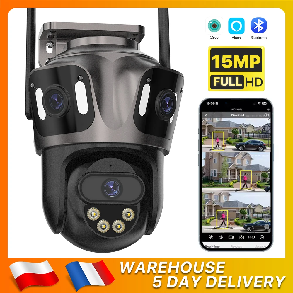 Cámara IP 15MP HD de tres pantallas para exteriores, videocámara de seguridad CCTV con WIFI, lente Dual 4K, detección humana por Ia, resistente al agua, iCsee