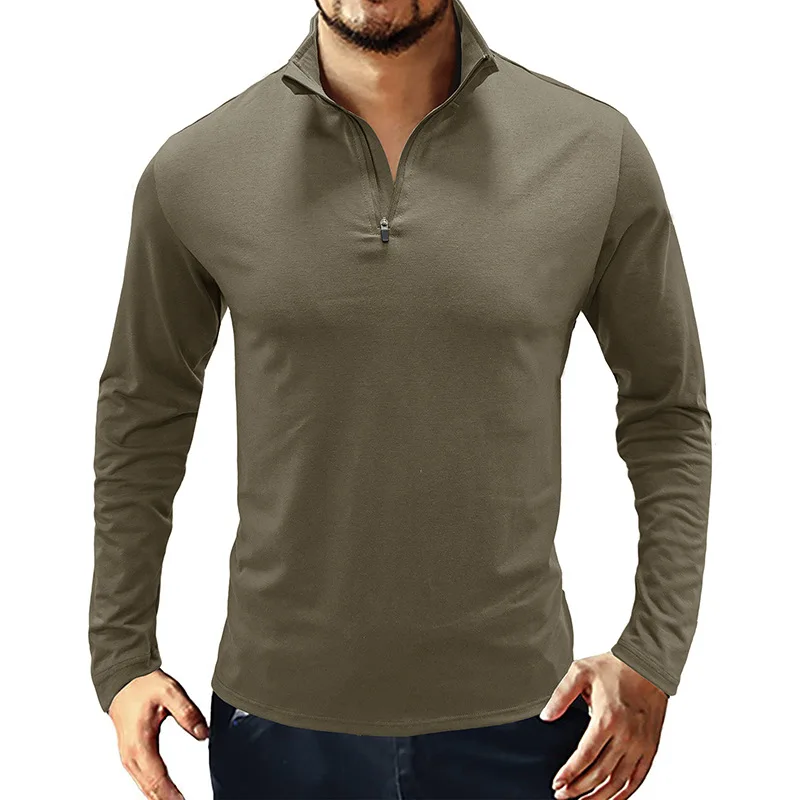 

New Autumn and Winter Half-zipper Slim Men's Long-sleeved T-shirt Men's Stand-up Collar Pull-up Zipper Polo Shirt