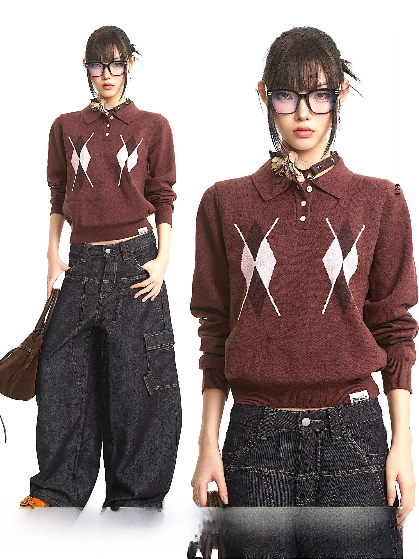 

UNCMHISEX American Retro Brown Henry Fair Isle Long Sve Collar Knitted Top Women's Faion Vintage Sle Winter Wear