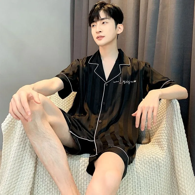 Ice Silk Pajamas Suit Men's New Summer Short Sleeve Shorts High End Sleepwear Young Male Thin Loose Oversized Loungewear Set