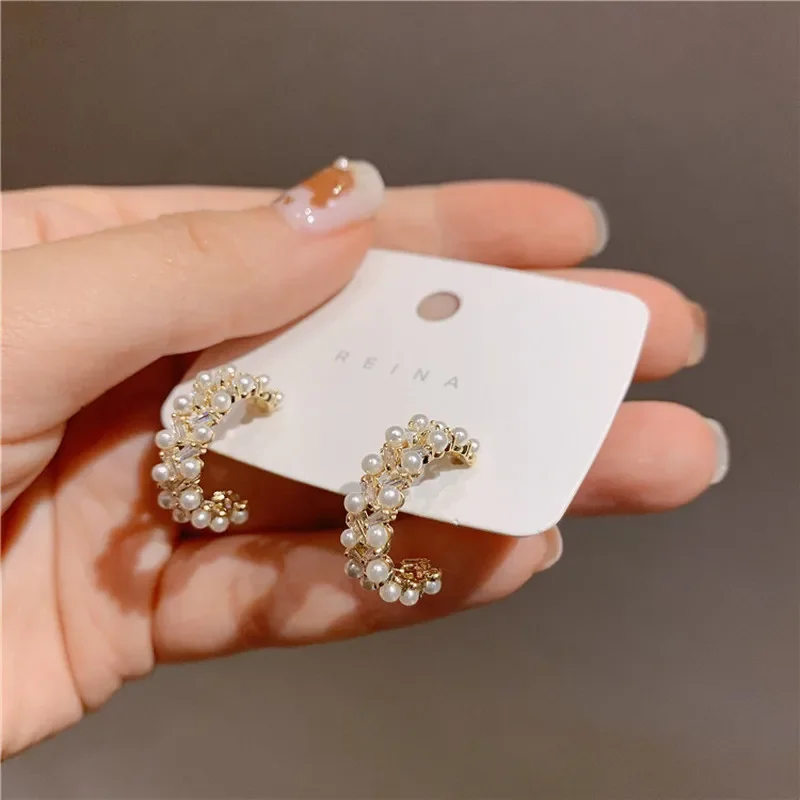 2026 New Korean Simulated Pearl Hoop Earrings Gold Color Metal C Shape Statement Earrings For Women Girl Wedding Party Jewelry