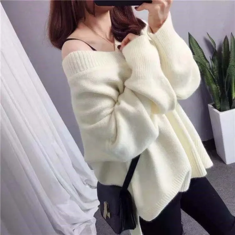 Autumn and Winter Women\'s Pullover Solid V-Neck Screw Thread Loose Fit Long Sleeve Sweater Knit Fashion Elegant Commuter Tops