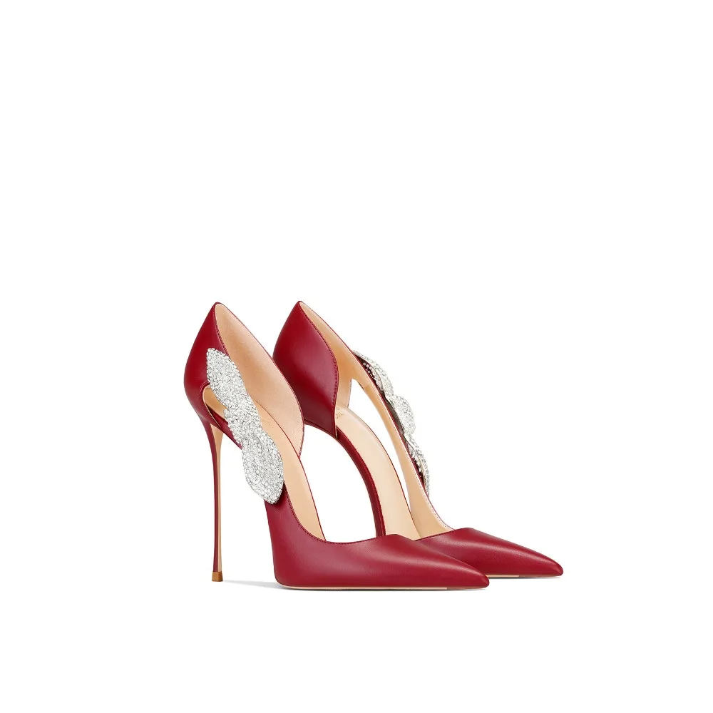 

Elegant Red High Heels Women Shoes Genuine Leather Rhinestone Bowknot Pointed Toe