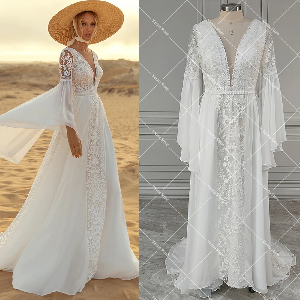 Boho Długie rękawy dzwonkowe Suknia ślubna V Neck Bez pleców Koronkowa suknia ślubna Niestandardowa szyfonowa Sheer A Line Outdoor Elopement Suknie ślubne