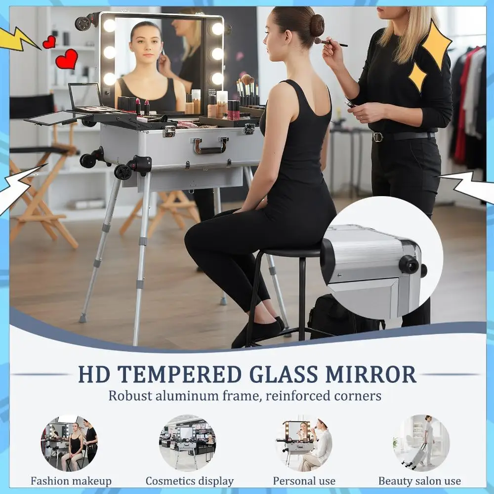 

Rolling Makeup Train Case with Mirror and Lights Travel Cosmetic Organizer Box with Wheels Stands for Travel Or Salon Use