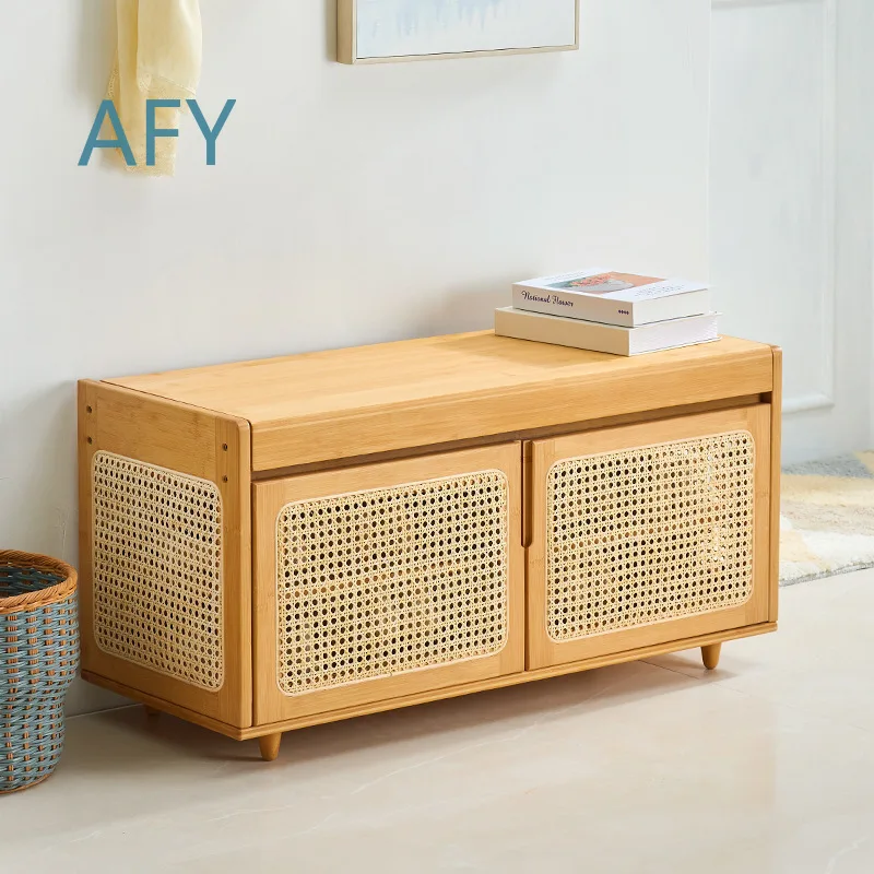 Shoe Changing Stool for Home Entryway Rattan Shoe Bench with Storage Cabinet Integrated Entry Stool Doorway Seating Footrest