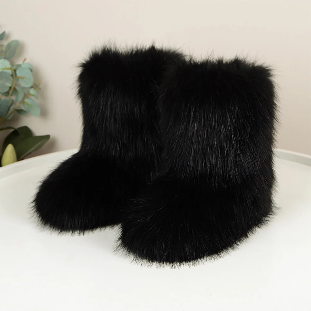 

Women Furry Boots Round Toe Faux Fur Boots Warm Comfortable Snow Boots Mid-Calf Boots Winter Boots Outdoor Flat Shoes