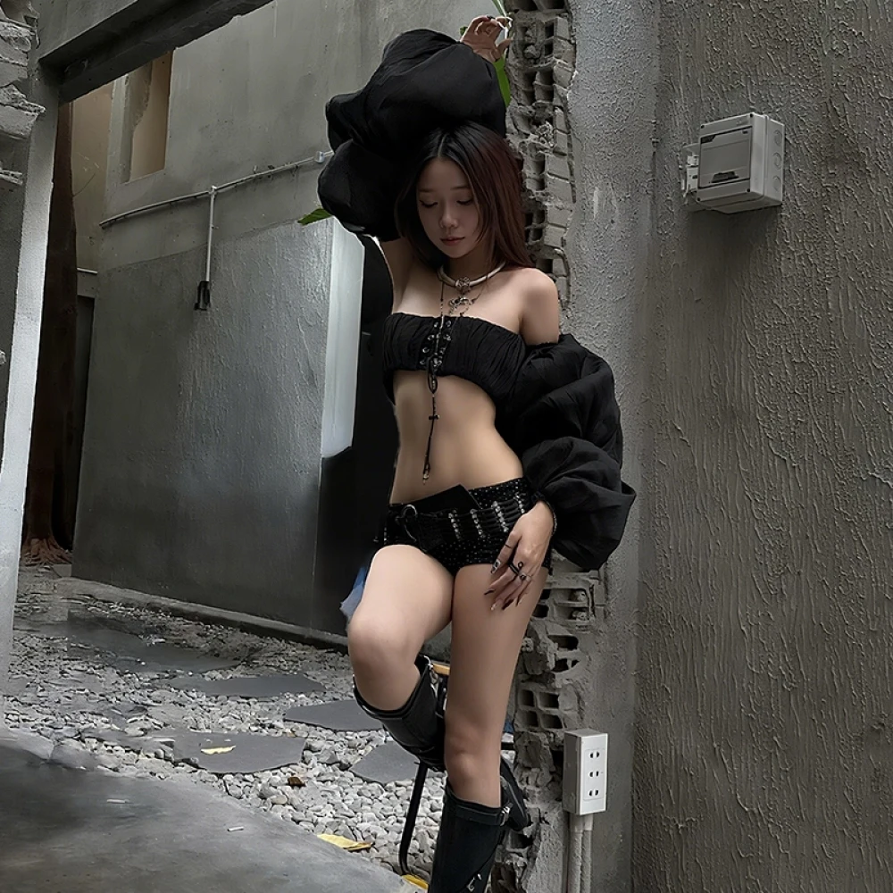 SylCue 섹시 패션 베스트 슈트 여성용 주름 셔링 코르셋 탑+랜턴 슬리브 커버 핫 걸즈 하이 스트리트 와일드 스타일 의상