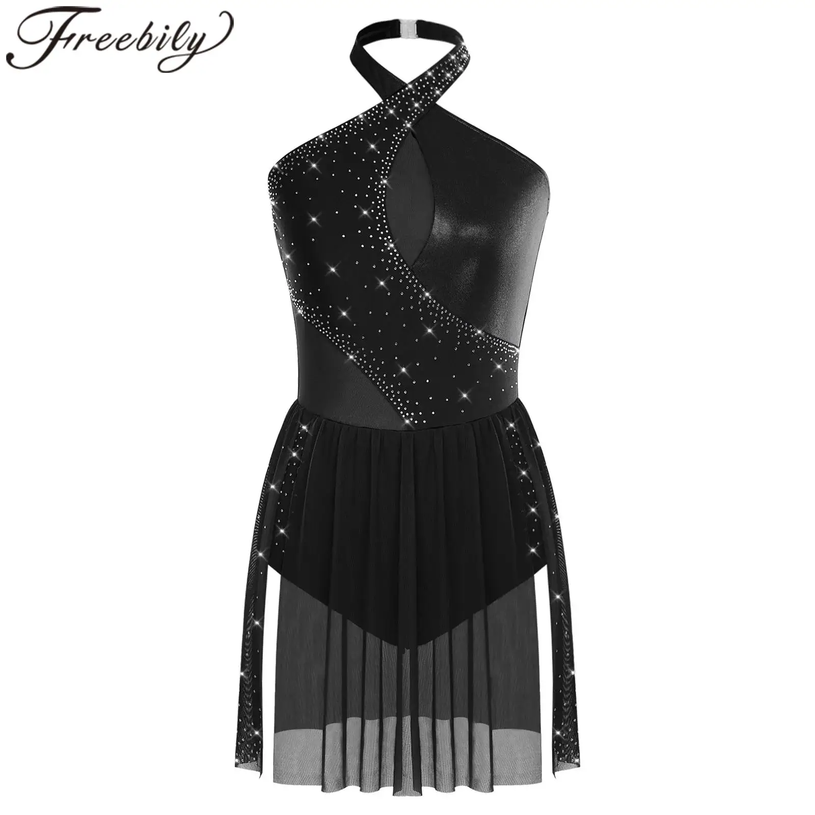 

Women Halter Skating Lyrical Dance Costume Performance Ballroom Ballet Dress Rhythmic Gymnastics Leotard Adults Dancewear
