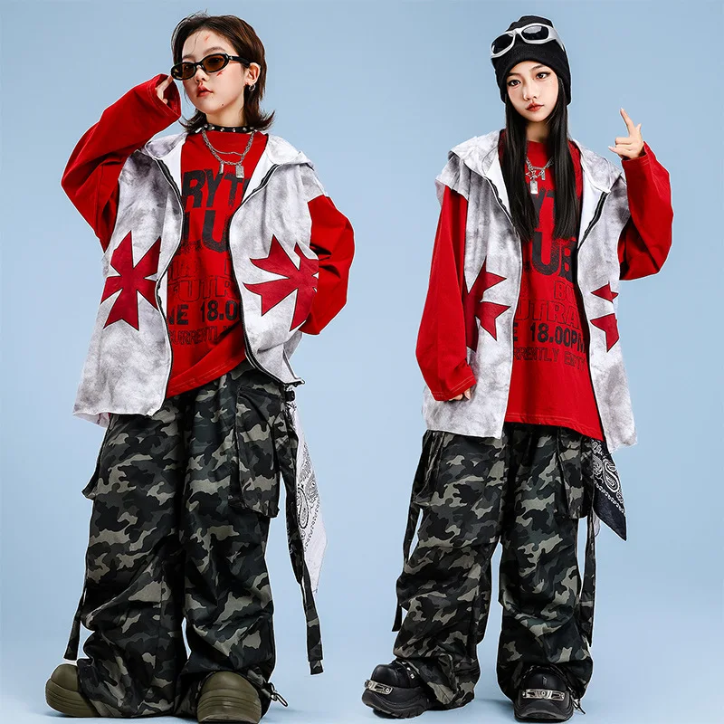 Abbigliamento Hip Hop Kpop per bambini Gilet con cappuccio bianco grigio Top Camo Street Stap Pantaloni cargo per paracadute per ragazza Ragazzo Costumi di danza Vestiti