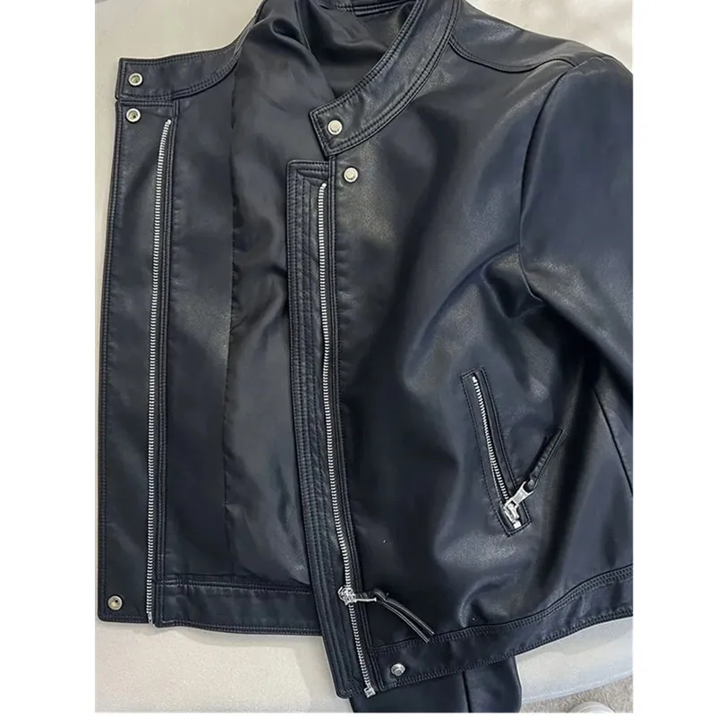 Czarny kołnierz ze stójką Modna skórzana kurtka Krótki płaszcz damski 2025 Wiosna Nowa Casual Temperament Kurtka damska Topy motocyklowe