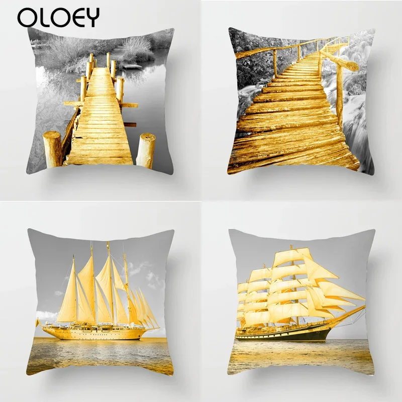 Polyester Cushion Cover, Household  Gold Boat Cushion Cover, Bedroom and Office Decoration Cushion Cover 45x45 Cm.