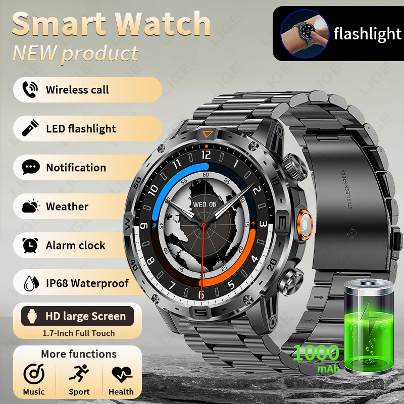 

LIGE New Smart Watch Men Outdoor Compass 1000mAh Large Battery LED Flashlight Bluetooth Call Waterproof Sport Fitness Smartwatch