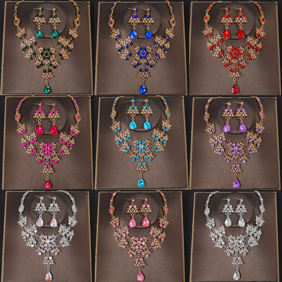 Set perhiasan anting-anting, Set perhiasan anting-anting leher berlian imitasi kristal trendi untuk pengantin wanita