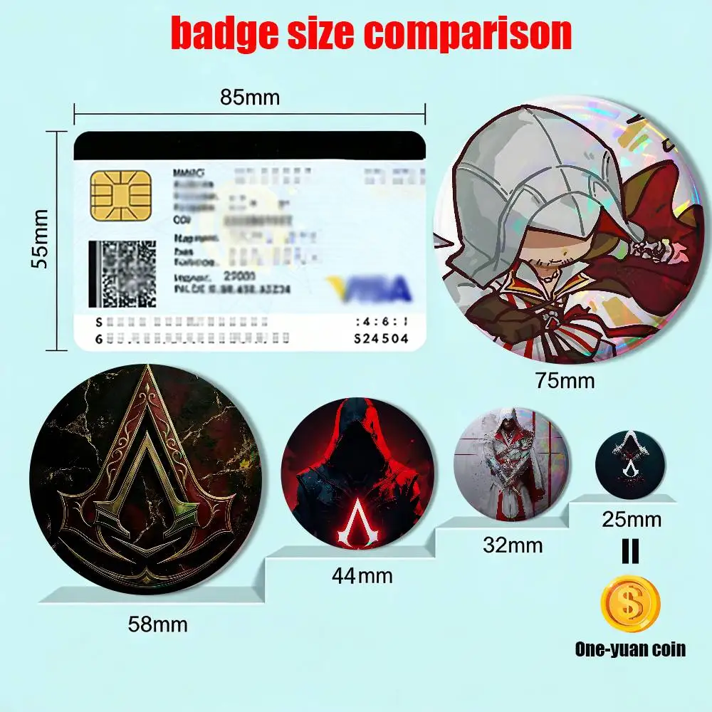 Ezio Auditore  AC Assassins Creed Round Pins Creativity Printed Pictures Text Metal Lapel Badges Brooches Jewelry Gift Wholesale