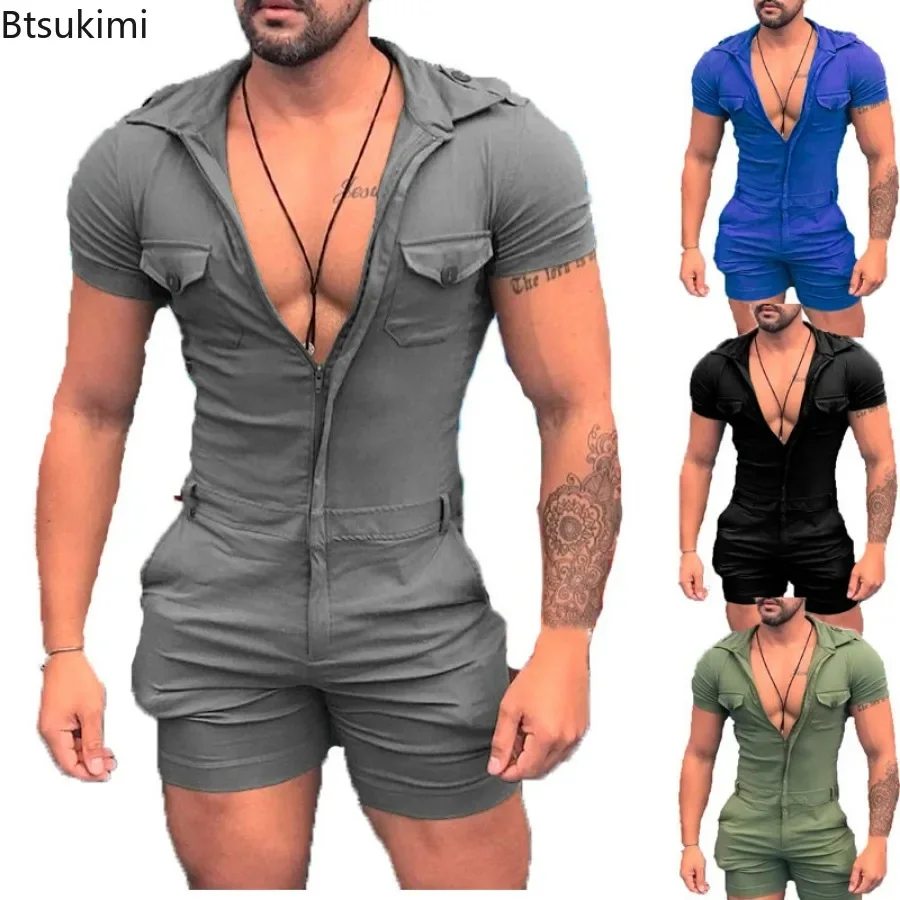 2025 Men's Summer Solid Short Sleeve Jumpsuits Fashion Slim Sexy One-piece Shorts Vintage Lapel Zip Rompers Men Street Playsuits